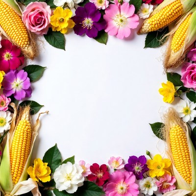 Corn and Flowers Border on White