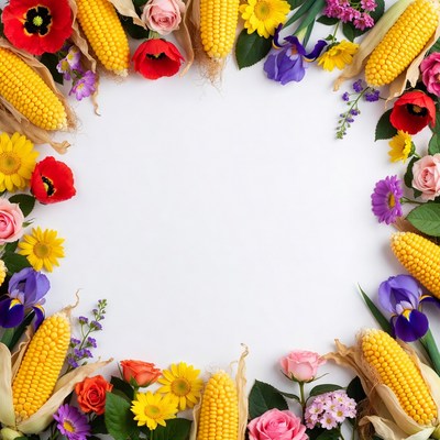 Corn and Flowers on White Background