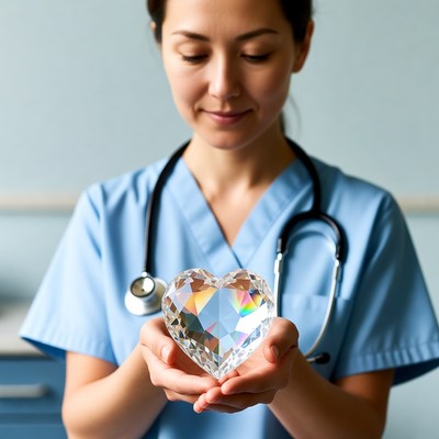 Asian nurse holding crystal heart