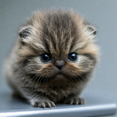 Cute fluffy kitten on gray surface