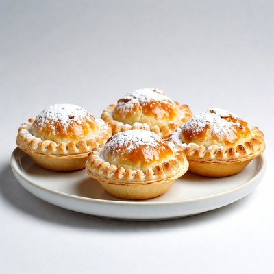 Four powdered apple turnovers on plate