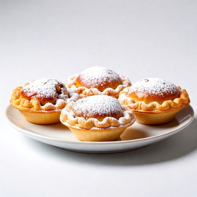 Four powdered pastry tarts on plate