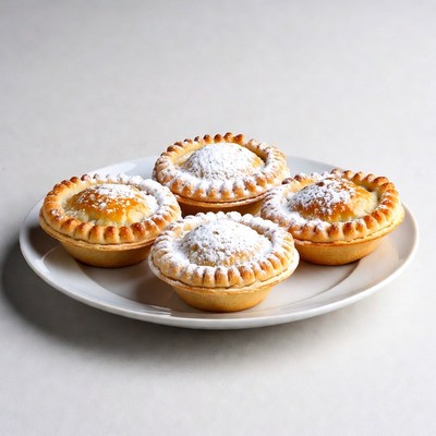 Four powdered jam tarts on plate
