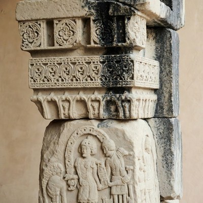 Ancient carved stone pillar with figures