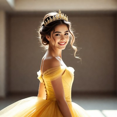 Woman in Yellow Ball Gown with Tiara