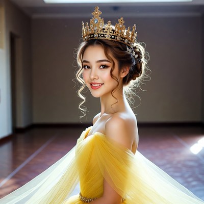 Asian woman wearing golden crown