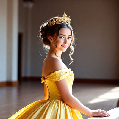 Young woman in golden crown and yellow gown
