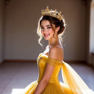 Beautiful woman in golden princess gown