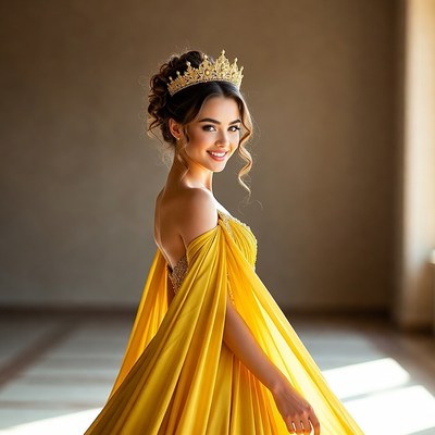 Beautiful woman in golden crown and yellow gown