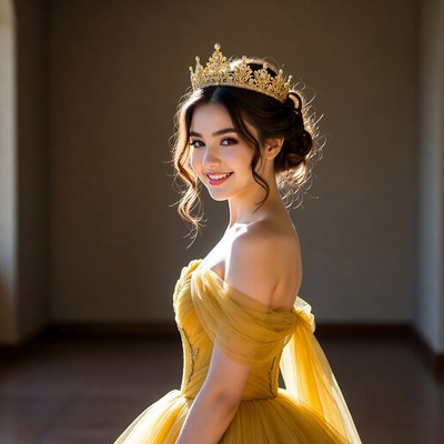 Asian woman in golden princess gown