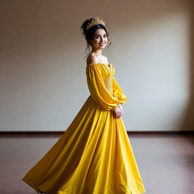 Woman in yellow gown with crown