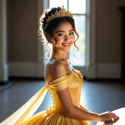 Beautiful woman in golden princess gown