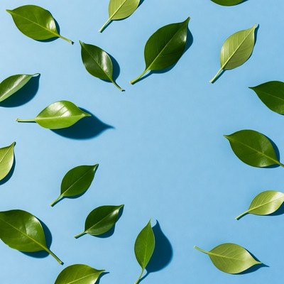 Green leaves on blue background