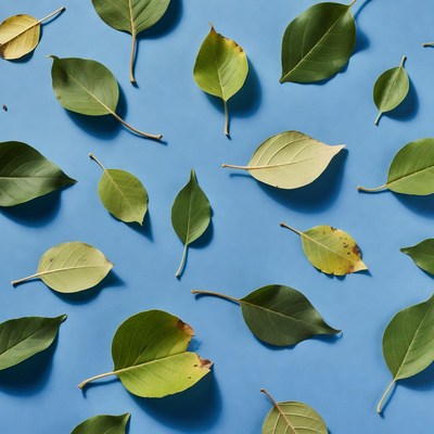 Green and yellow leaves on blue background