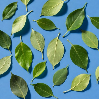 Green leaves scattered on blue background
