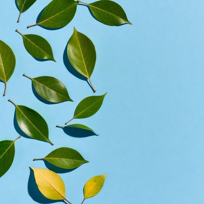 Green leaves on blue background