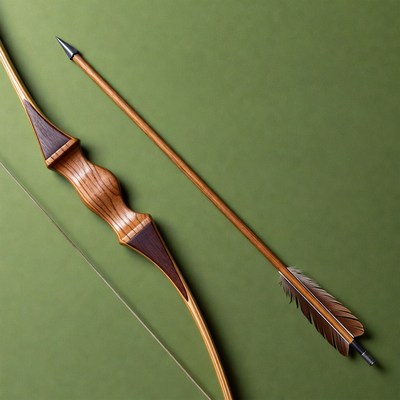 Wooden Bow and Arrow on Green Background