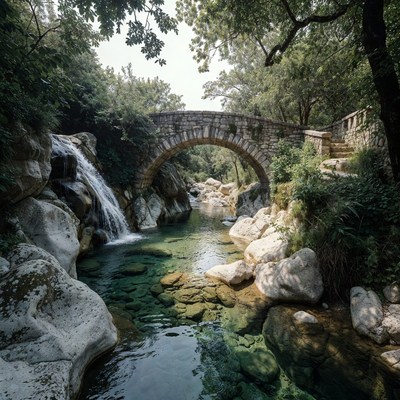 Stone Arch Bridge over Waterfall