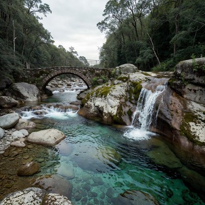 Stone Arch Bridge over Mountain Stream