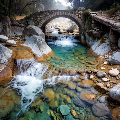 Stone Arch Bridge over Turquoise Stream