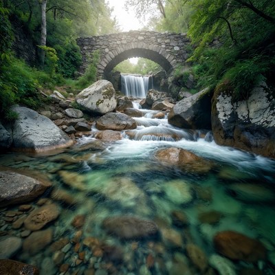 Stone Arch Bridge Over Waterfall