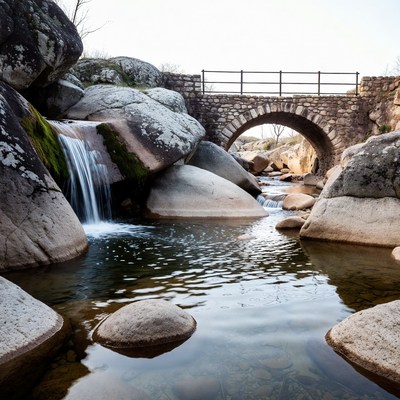 Stone Arch Bridge over Waterfall