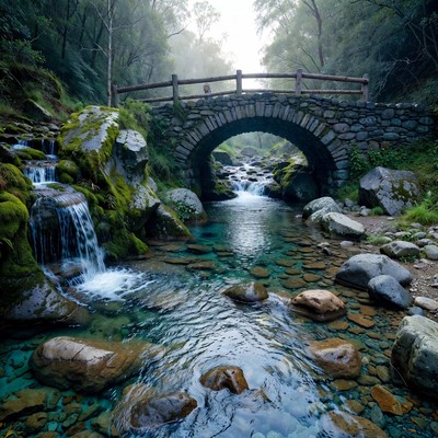 Stone Arch Bridge Over Forest Stream