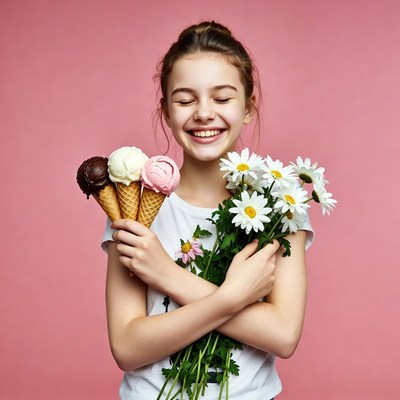 Happy girl holding ice cream and daisies