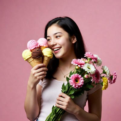 Asian woman holding ice cream bouquet