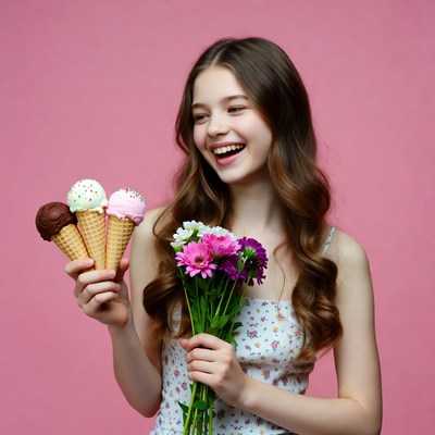 Girl holding ice cream cones and flowers