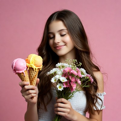 Girl holding ice cream cones and flowers