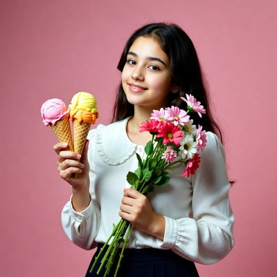 Girl holding ice cream and flowers