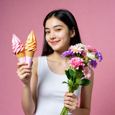 Asian girl holding ice cream and flowers