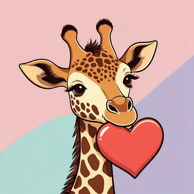 Cute giraffe holding red heart