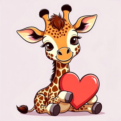 Cute baby giraffe holding red heart
