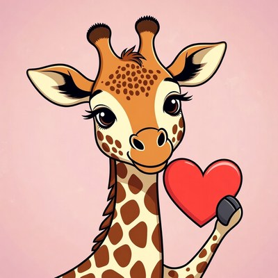 Cute giraffe holding red heart
