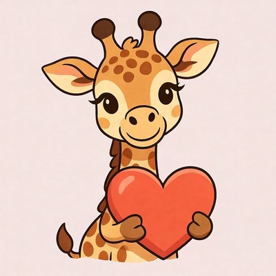Cute giraffe holding red heart