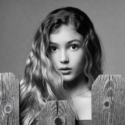 Girl peeking through wooden fence