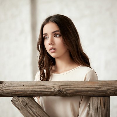 Young woman peering over wooden fence