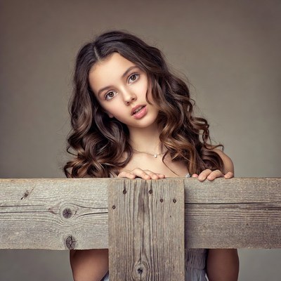 Girl peeking over wooden fence