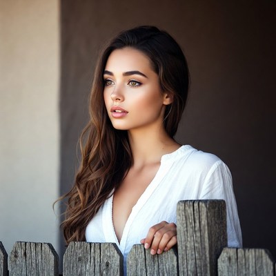 Beautiful woman leaning on wooden fence