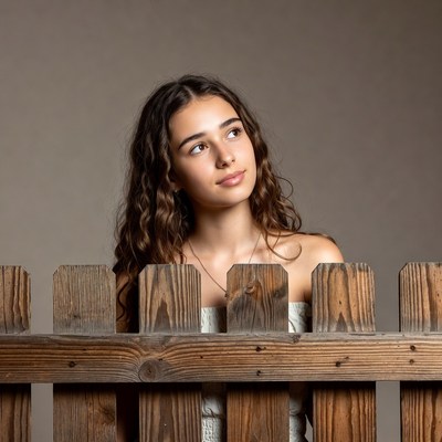 Young woman peeking over wooden fence