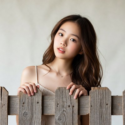 Asian girl peeking over wooden fence