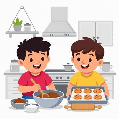 Boys baking cookies in kitchen