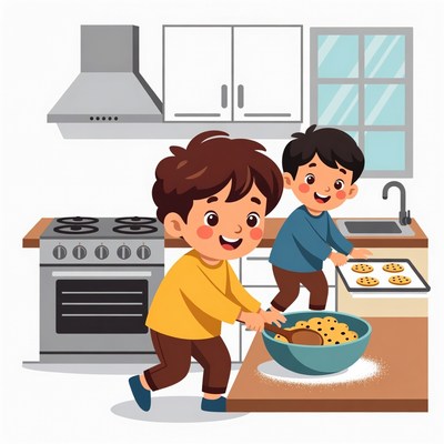 Boys baking cookies in kitchen