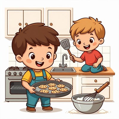 Boys baking cookies in kitchen