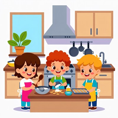 Children baking cookies in kitchen