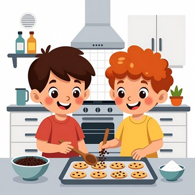 Boys baking cookies in kitchen