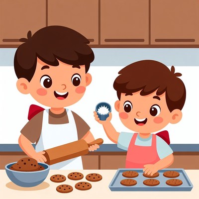 Boys baking cookies in kitchen