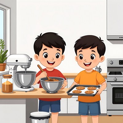 Boys baking cookies in kitchen